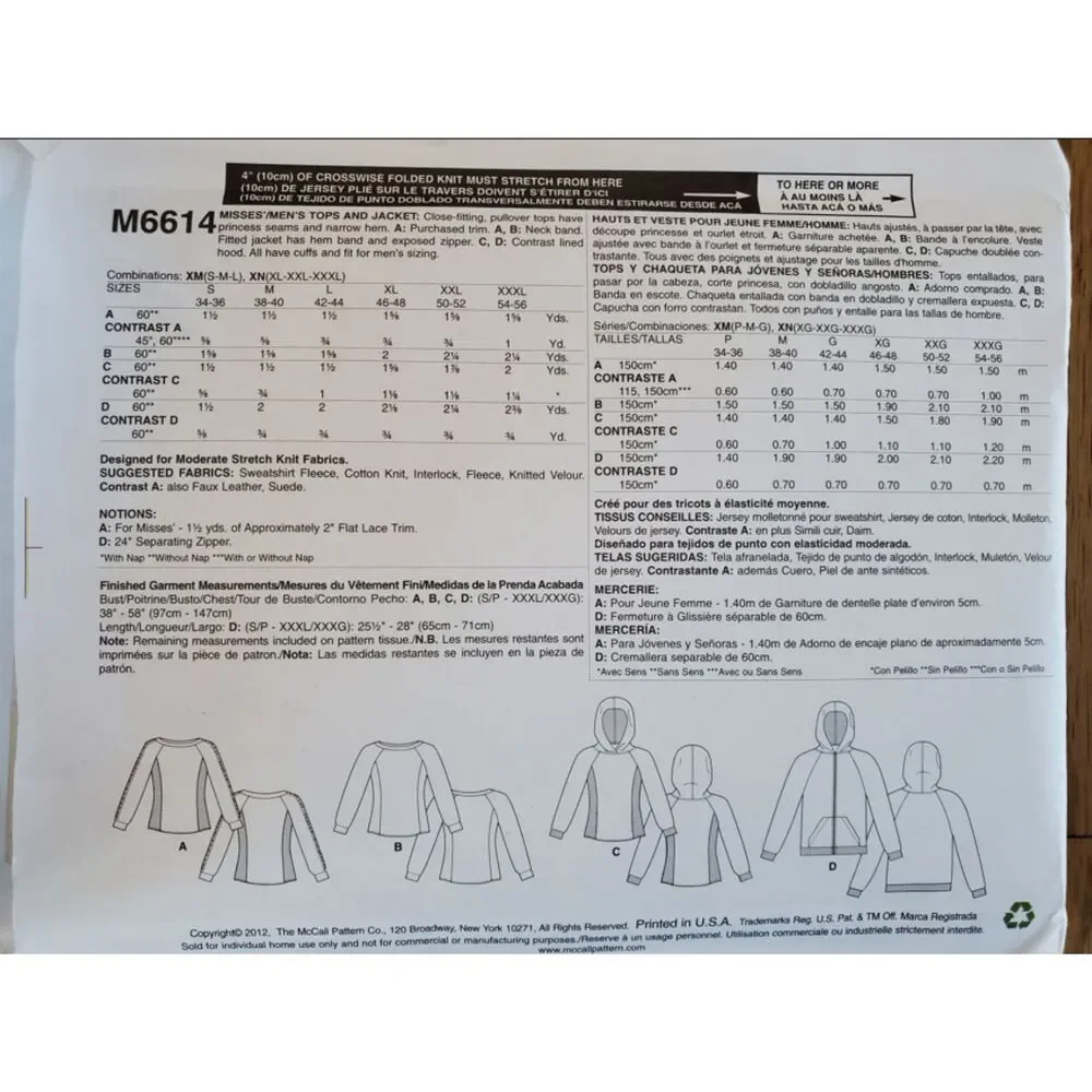 McCall's Pattern M6614 Misses' / Men's Top & Jacket Sewing 6614 NEW Uncut
